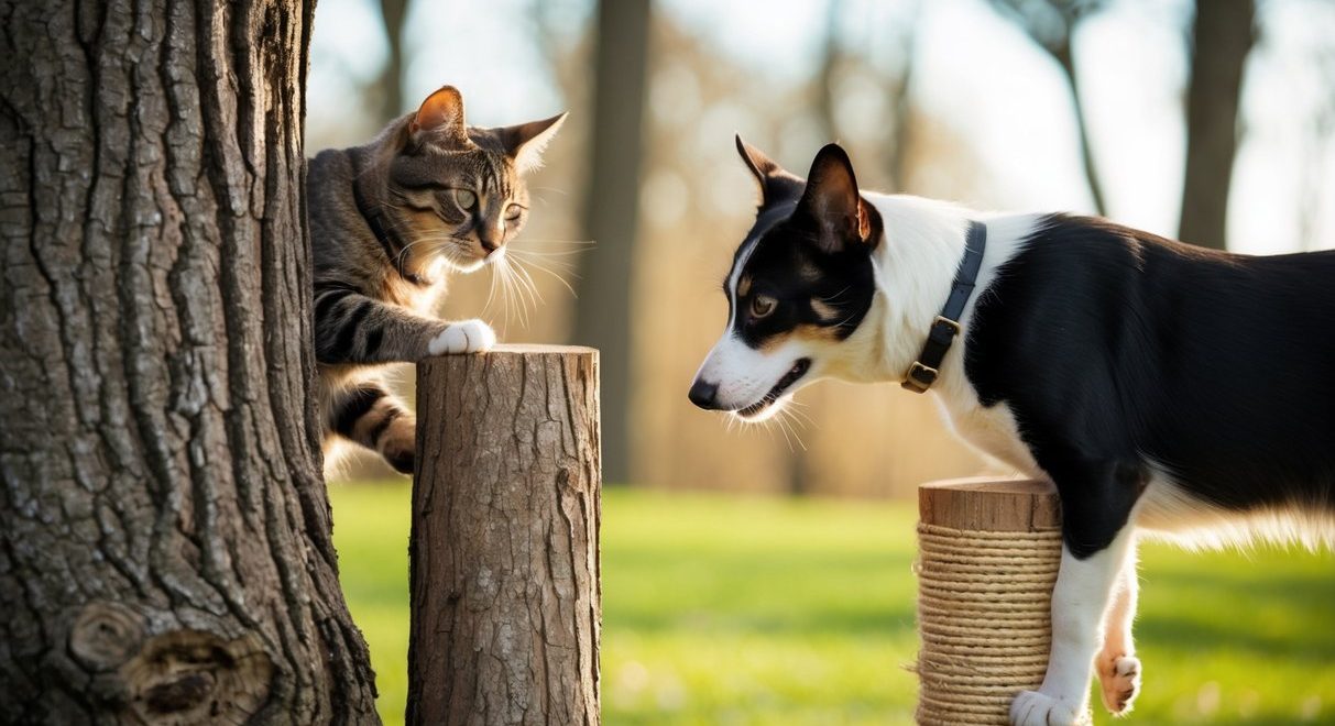 En kat og en hund der kradser sig på en træstamme og en kradsepæl